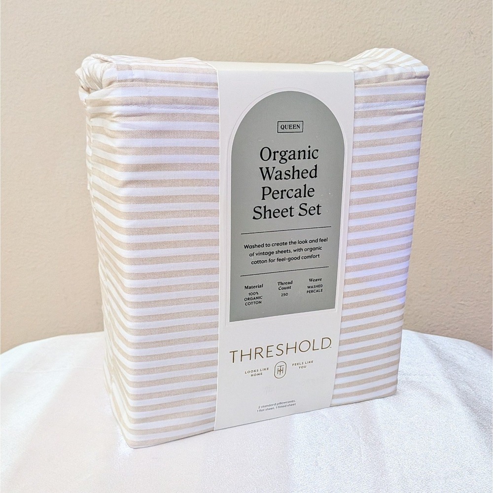 New Threshold Organic Cotton Washed Percale Sheets Set Khaki White Stripes Queen